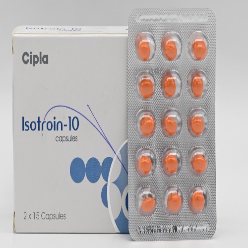 Isotroin 10mg (Isotretinoin) silver blister pack showing 15 orange capsules next to its box