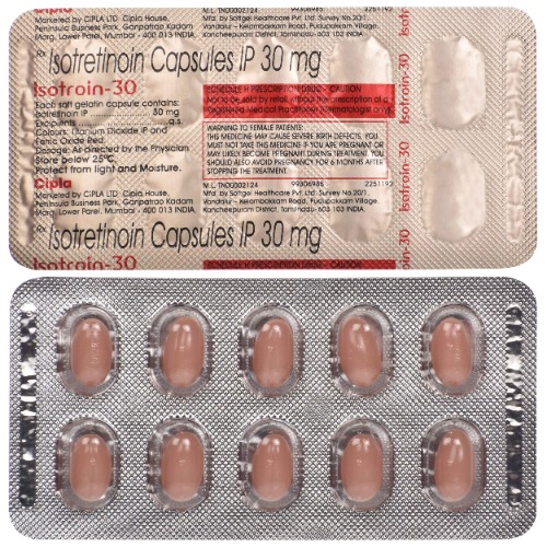 Isotroin 30mg capsules blister strip close-up