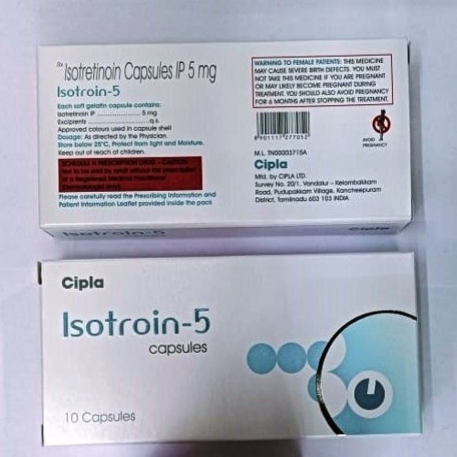 Isotroin 5mg (Isotretinoin) outer box packaging with Cipla branding in white and blue design