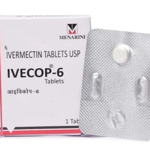 Ivecop 6mg box with blister pack laid beside showing circular tablets; front label readable
