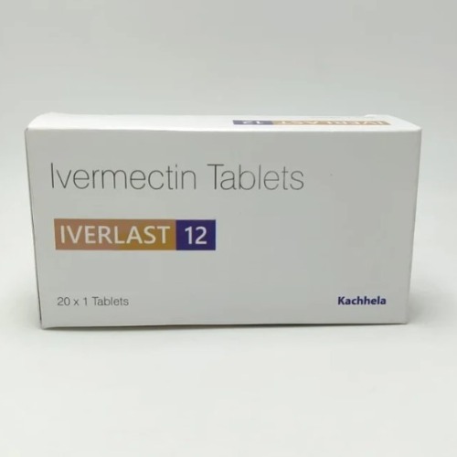 Iverlast 12 (Ivermectin) white box packaging with single brown blister pack placed in front