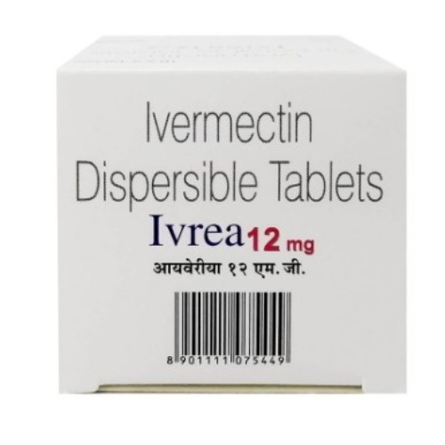 Ivrea 12mg (Ivermectin) outer box packaging in white design with printed dosage label