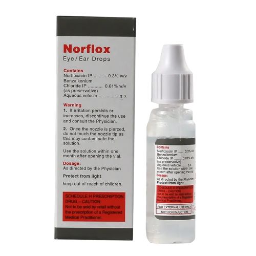 Norflox Eye Drops 0.3% w/v 10ml box and bottle back view