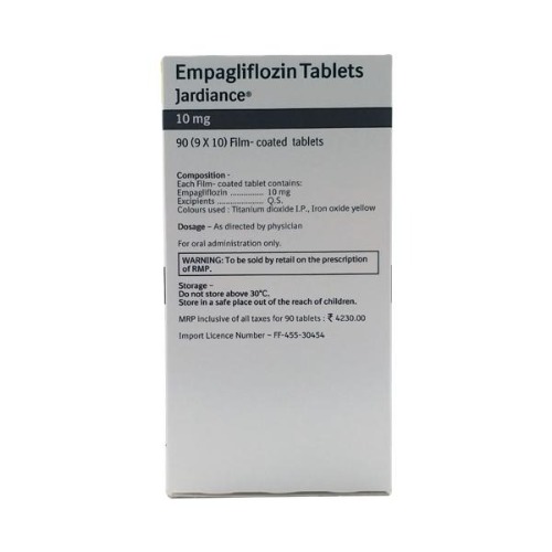 Jardiance 10mg tablets silver blister strip with printed text and white round tablets