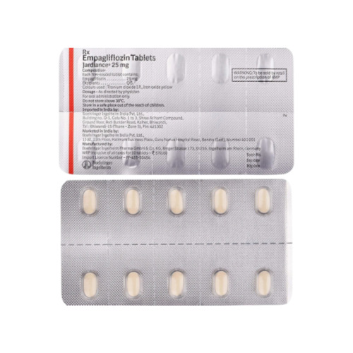 Blister pack of Jardiance 25mg showing white film-coated tablets with leaflet