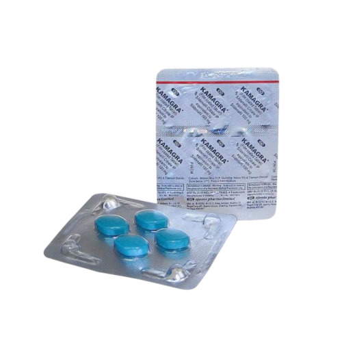 Kamagra 100mg blister pack with tablets and backside foil visible, packaging legible