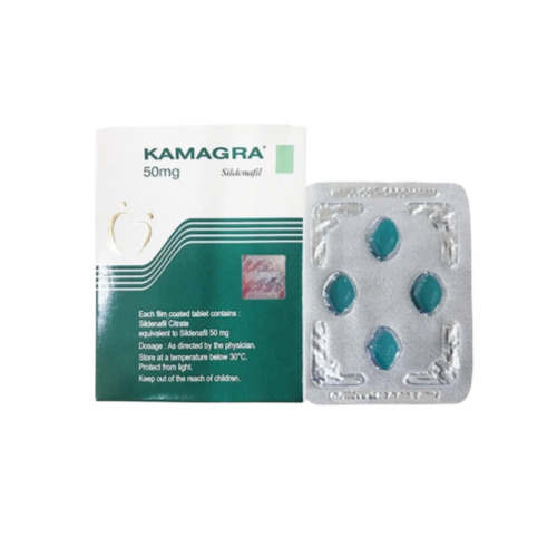Kamagra 50mg blister strip showing 4 blue tablets with product box