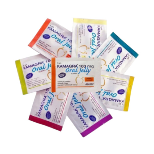 Kamagra Oral Jelly 100mg sachets close-up, different flavor packs visible with printed labels