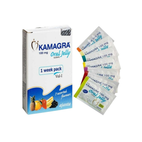 Kamagra Oral Jelly 100mg box with 7 sachets arranged, packaging and dosage details identifiable