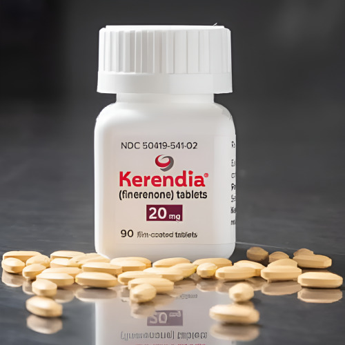 Kerendia 20mg Finerenone white plastic pill bottle with tablets scattered on surface