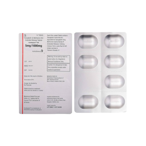Kombiglyze XR 5/1000mg tablets blister pack with leaflet showing dosage and prescribing details