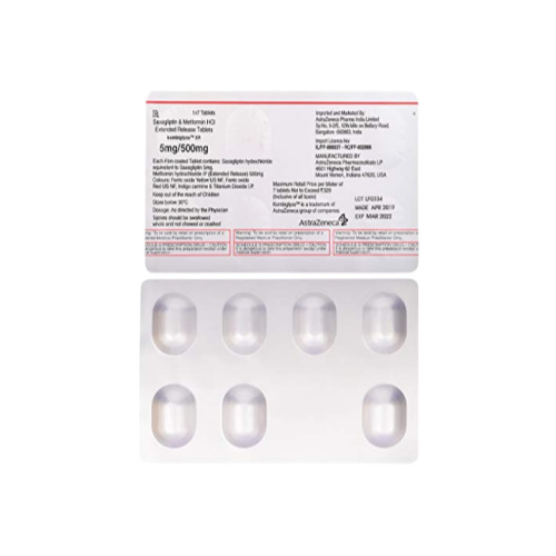 Kombiglyze XR 5mg/500mg white oval tablets in blister strip with printed foil