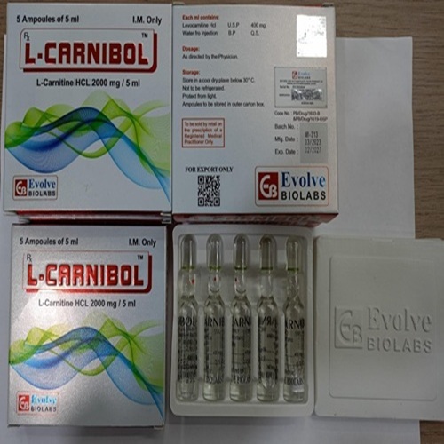 L-Carnibol box and ampoules arranged together, ampoule labels readable