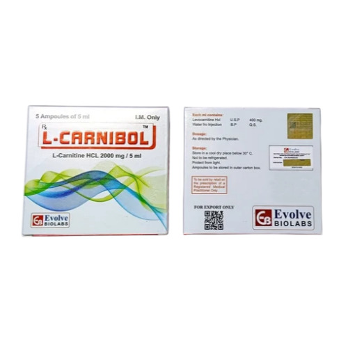 L-Carnibol Injection 2000mg Cipla branded box with detailed product information and ampoules