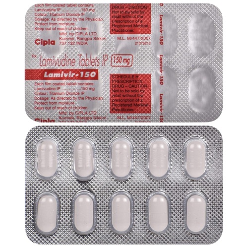 Lamivir 150 blister pack close-up showing 10 white tablets per strip and back foil text