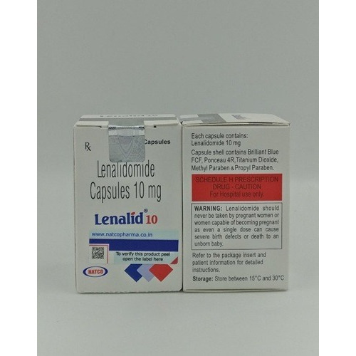 Lenangio 10 (Lenalidomide) 10mg 10 capsules front view carton box with red and white design for multiple myeloma medication online pharmacy