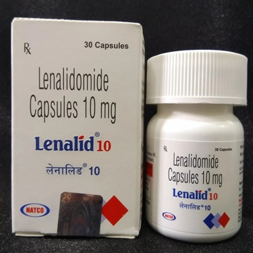 Lenangio 10 (Lenalidomide) 10mg 10 capsules carton box and pill bottle set display with clear branding for oncology treatment online pharmacy