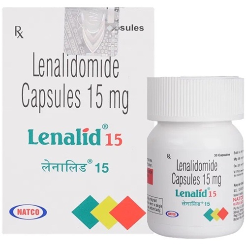 Lenalid 15 (Lenalidomide) 15mg 30 capsules white plastic pill bottle with branded carton packaging for multiple myeloma medication online pharmacy