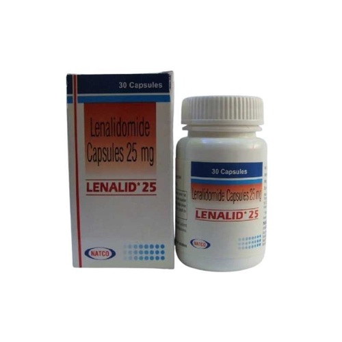 Lenangio 25 (Lenalidomide) 25mg 10 capsules white plastic pill bottle with printed label for multiple myeloma medication online pharmacy