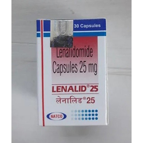 Lenangio 25 (Lenalidomide) 25mg 10 capsules branded carton box close-up display for oncology treatment online pharmacy