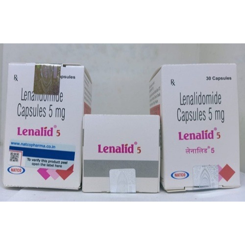 Multiple Lenalid 5mg blister packs and outer box, highlighting affordable lenalidomide generic for multiple myeloma, MDS, and lymphomas available at ZarvyPharm online pharmacy
