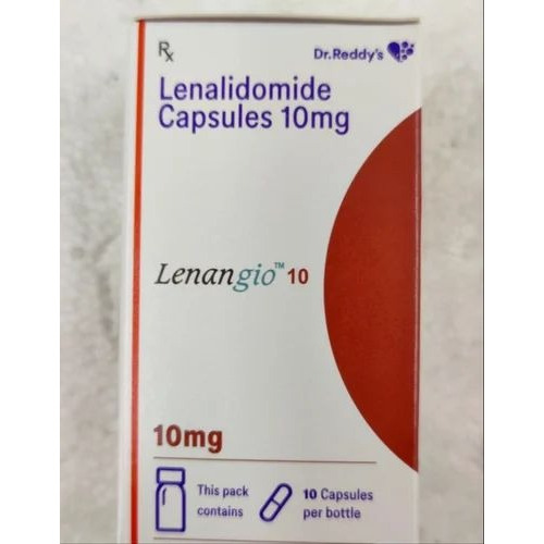 Lenangio 10 (Lenalidomide) 10mg 10 capsules front view carton box with red and white design for multiple myeloma medication online pharmacy