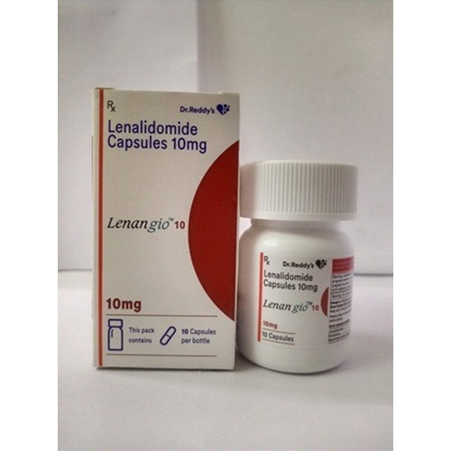 Lenangio 10 (Lenalidomide) 10mg 10 capsules carton box and pill bottle set display with clear branding for oncology treatment online pharmacy
