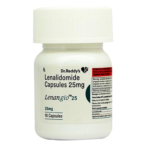 Lenangio 25 (Lenalidomide) 25mg 10 capsules white plastic pill bottle with printed label for multiple myeloma medication online pharmacy