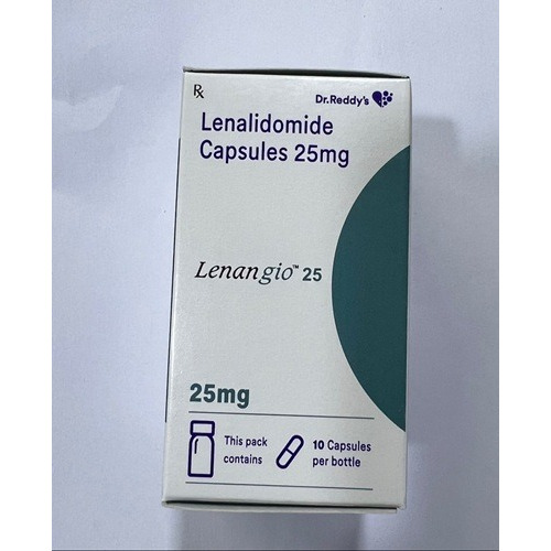 Lenangio 25 (Lenalidomide) 25mg 10 capsules branded carton box close-up display for oncology treatment online pharmacy
