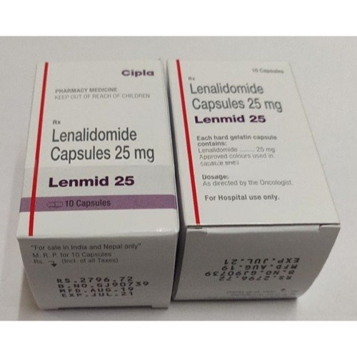 Lenmid 25 (Lenalidomide) 25mg 10 capsules two carton boxes and pill bottle set display for oncology treatment online pharmacy