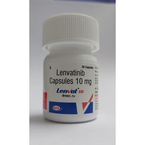 Lenvat 10 capsule bottle close-up beside box, label readable