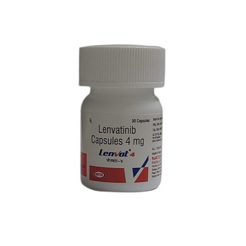 Lenvat 4 capsule bottle next to box, label close-up