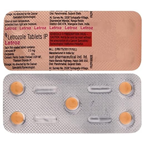 Letroz 2.5mg silver blister strip with yellow round tablets and printed dosage details