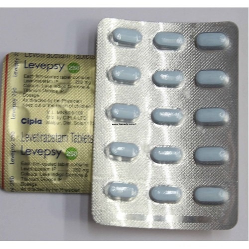 Levepsy 250 tablets box with blister pack side view