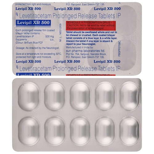 Levipil XR 500 blister strip showing extended-release tablets