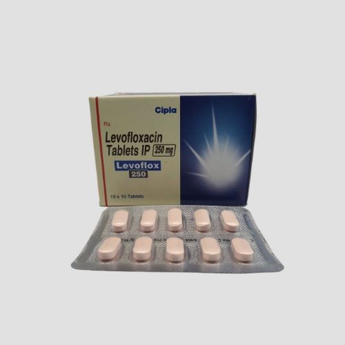 Levoflox 250mg (Levofloxacin) full pack with box and multiple pink blister tablets