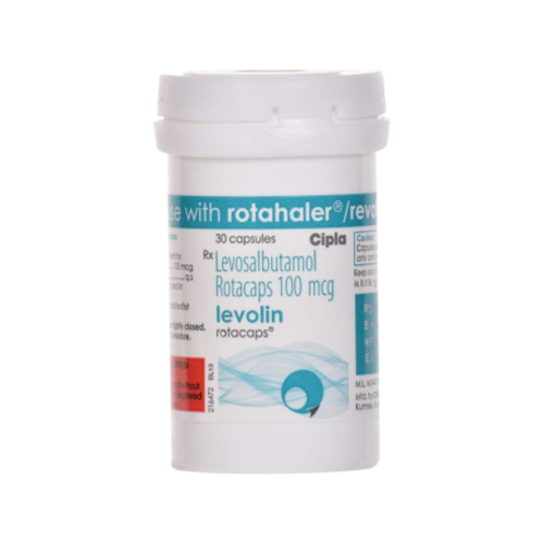 White plastic bottle of Levolin 100mcg rotacaps with blue Cipla label