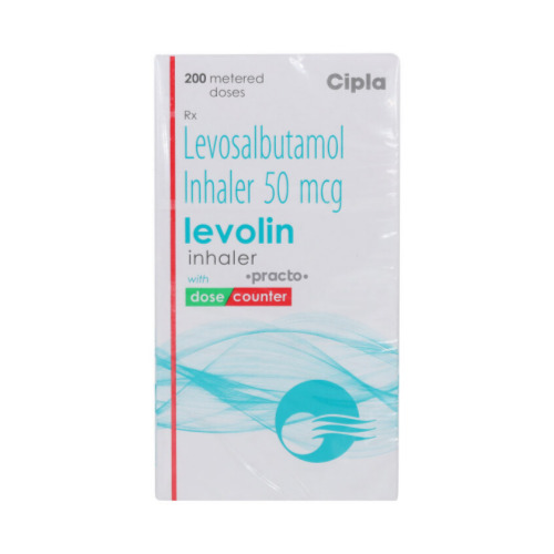 Levolin 50mcg (Levosalbutamol) inhaler box packaging with turquoise device