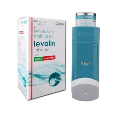 Levolin 50mcg (Levosalbutamol) branded carton and inhaler device in upright position