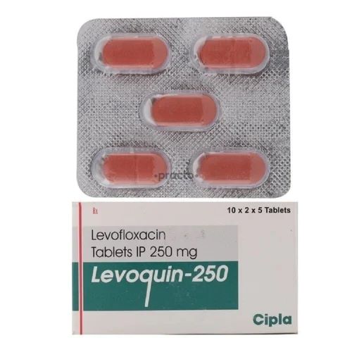 Levoquin 250mg (Levofloxacin) silver blister strip with red capsules and branded carton