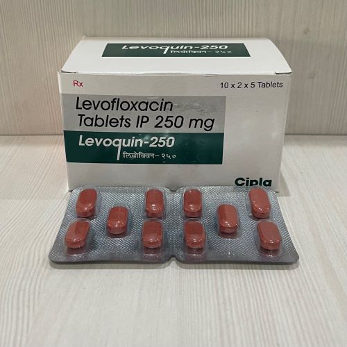Levoquin 250mg (Levofloxacin) full pack with box and multiple red capsule blister packs