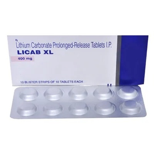 Licab XL 400mg (Lithium Carbonate) 100 tablets branded box with blister packs displayed, online pharmacy supplement for mental health care and long-term therapy