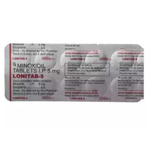 Close-up view of Lonitab 5mg silver blister strip with tablet details