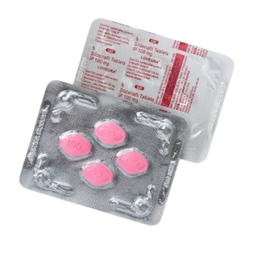 Lovegra 100mg blister strip close-up, pink tablets and printed label details visible