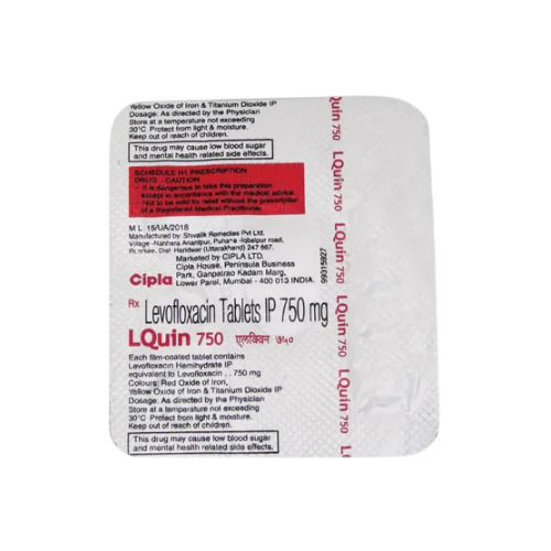 Lquin 750 tablets box and blister pack close-up