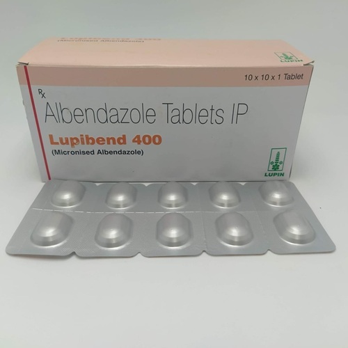Lupibend 400 (Albendazole) 400mg 100 tablets blister strips silver foil close-up for intestinal worm infection treatment online pharmacy