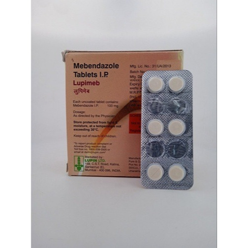 Lupimeb 100 (Mebendazole) 100mg 120 tablets blister packs and carton box close-up for treatment of roundworm, whipworm, and hookworm online pharmacy