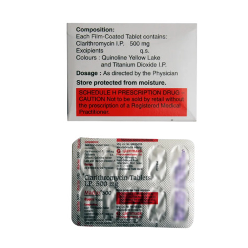 Maclar 500 (Clarithromycin) close-up of silver blister pack showing dosage details and printed label on the back side