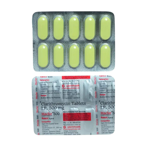 Maclar 500 (Clarithromycin) silver blister packs containing multiple yellow oval tablets neatly arranged