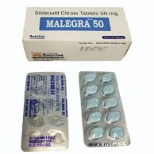 Malegra 50mg box with multiple blister strips, tablets and packaging legible